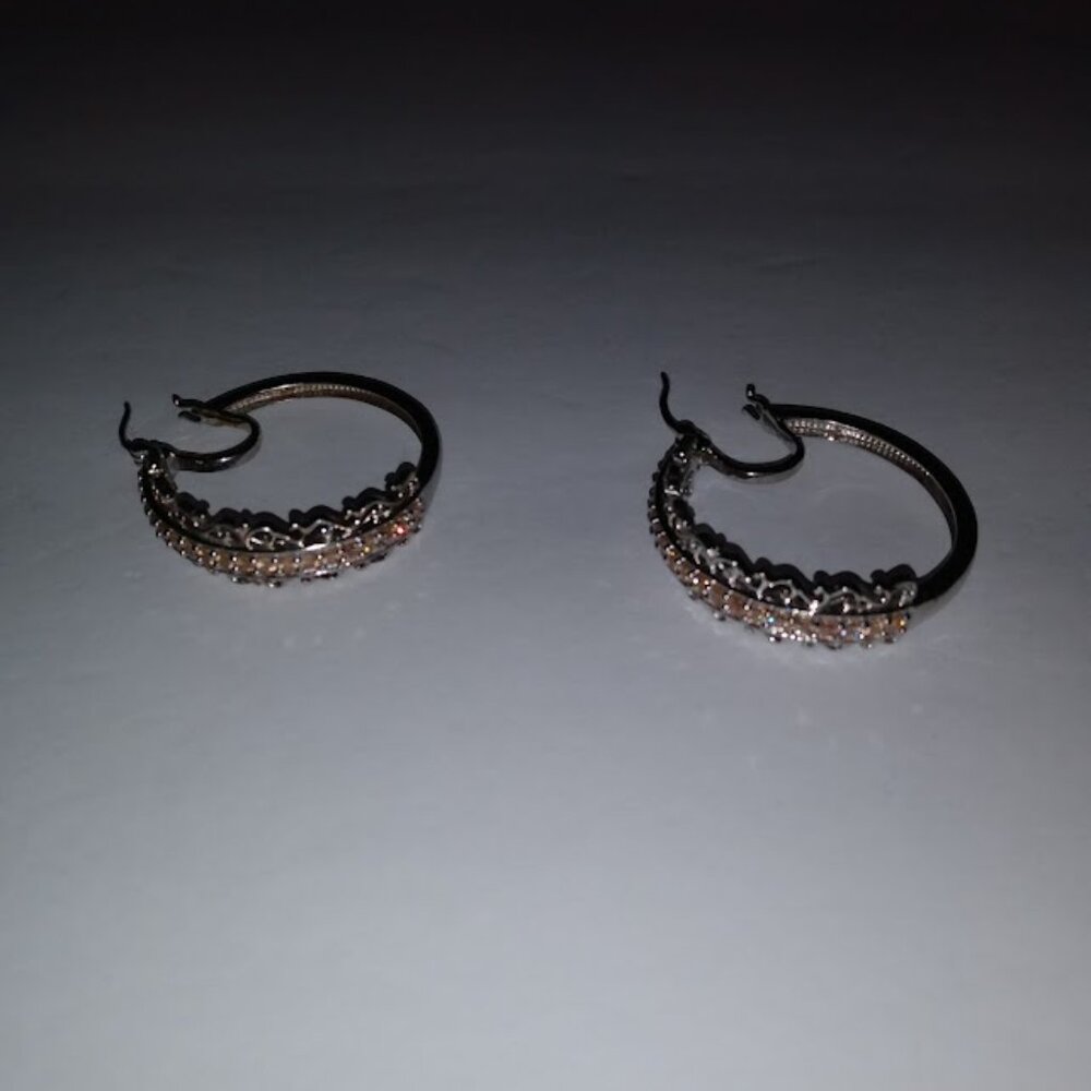 STS Karis: Silver tone hoop earrings with stones.